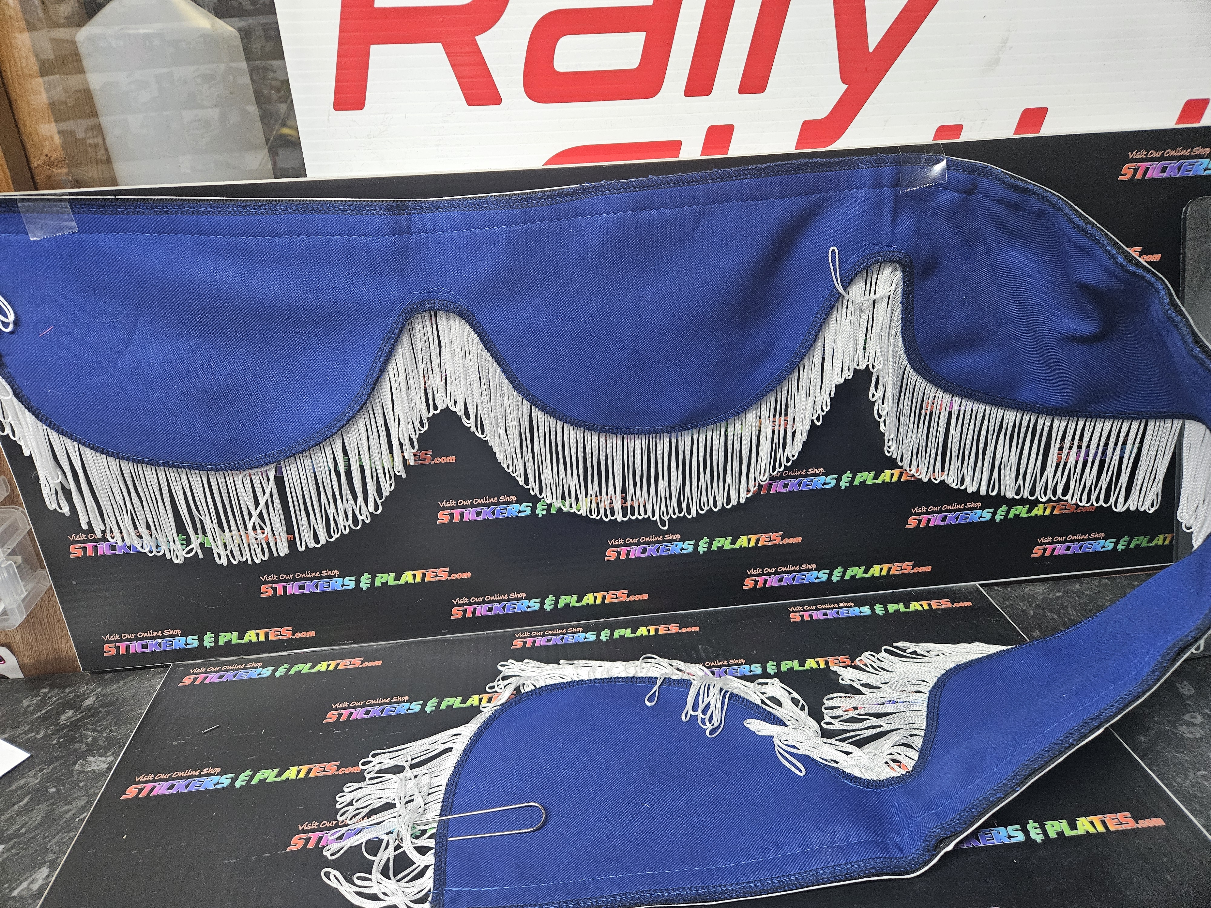 Bespoke tractor pelmets 4FT BLUE / WHITE